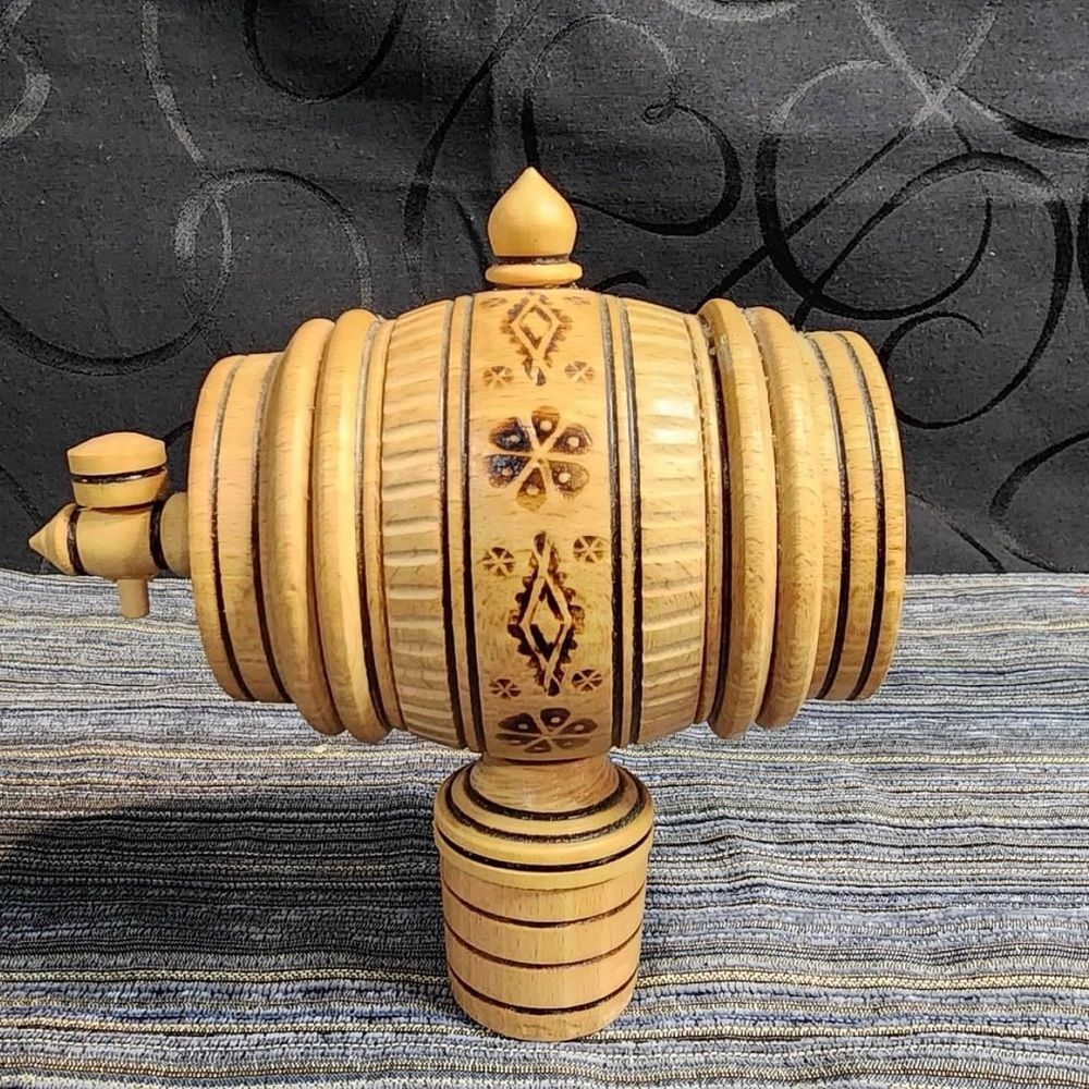 Vintage Ukrainian Handmade Carved Hardwood Decorative Wine Barrel with Beads